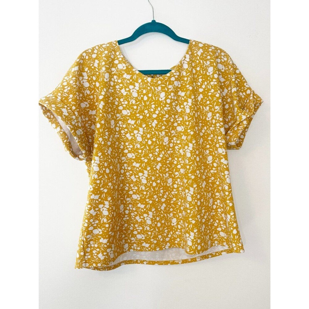 Melloday Ditzy Floral Blouse Yellow White Short Sleeve Top Size L